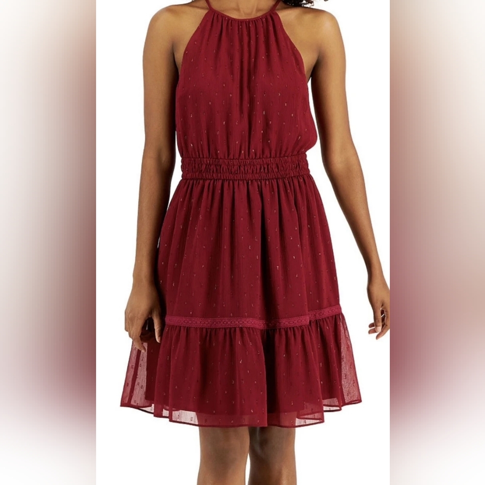 INC International Concepts Dot-Tiered Halter Burgundy Mini Dress